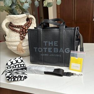 Black Leather Tote Bag with Strap